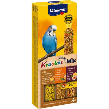 Vitakraft Kräcker Perruches Mix : 3 Krackers aux saveurs différentes.