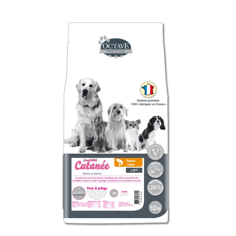 Croquettes Octave Prestige Sensibilité Cutanée 12 kg ANIMAL FOOD DIFFUSION 3760185060745 Croquettes Octave